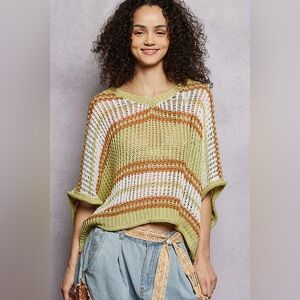 POL Openwork Lightweight Striped V-Neck Knit Top